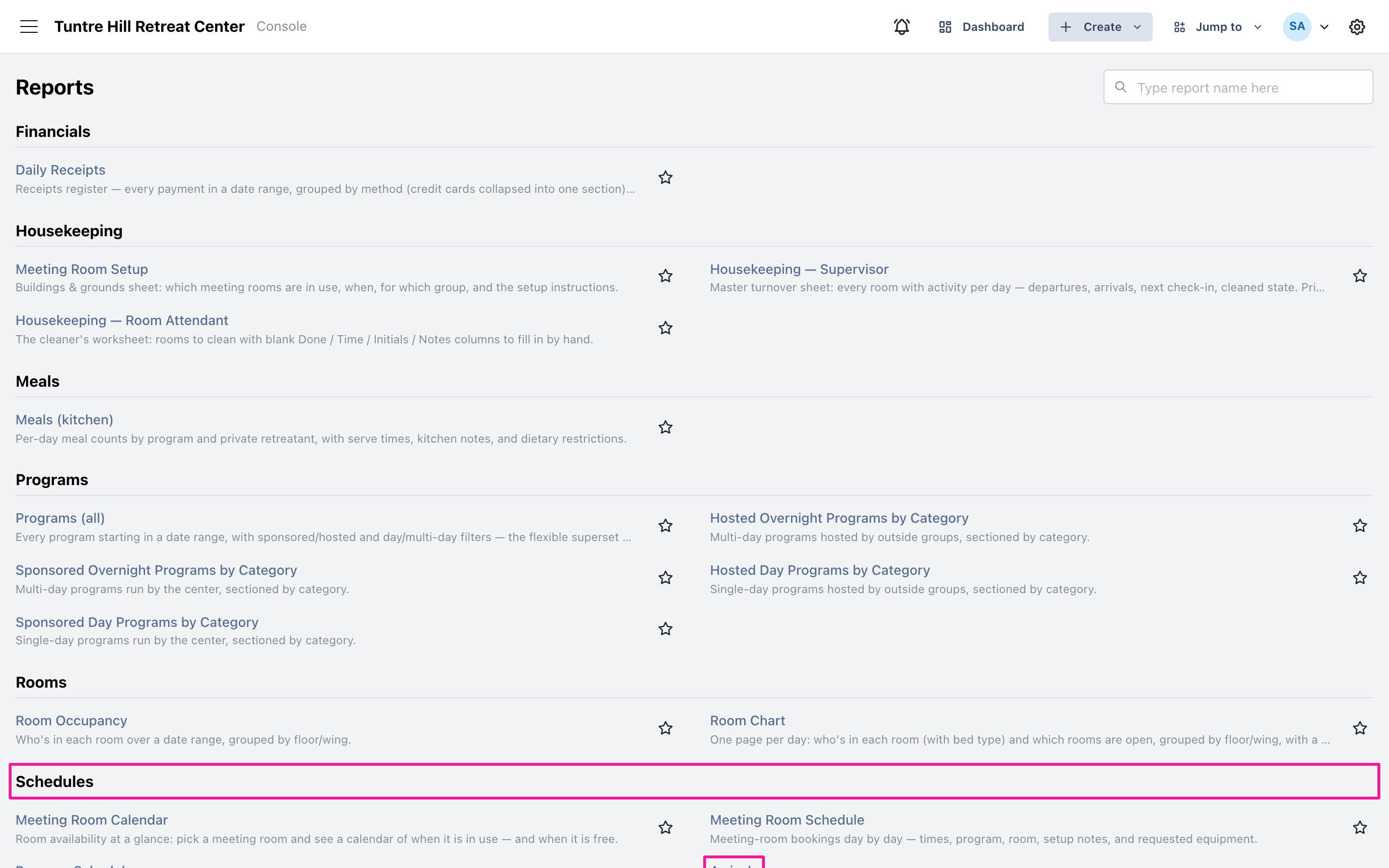 Arrivals and Departures in the Schedules section of the reports catalog