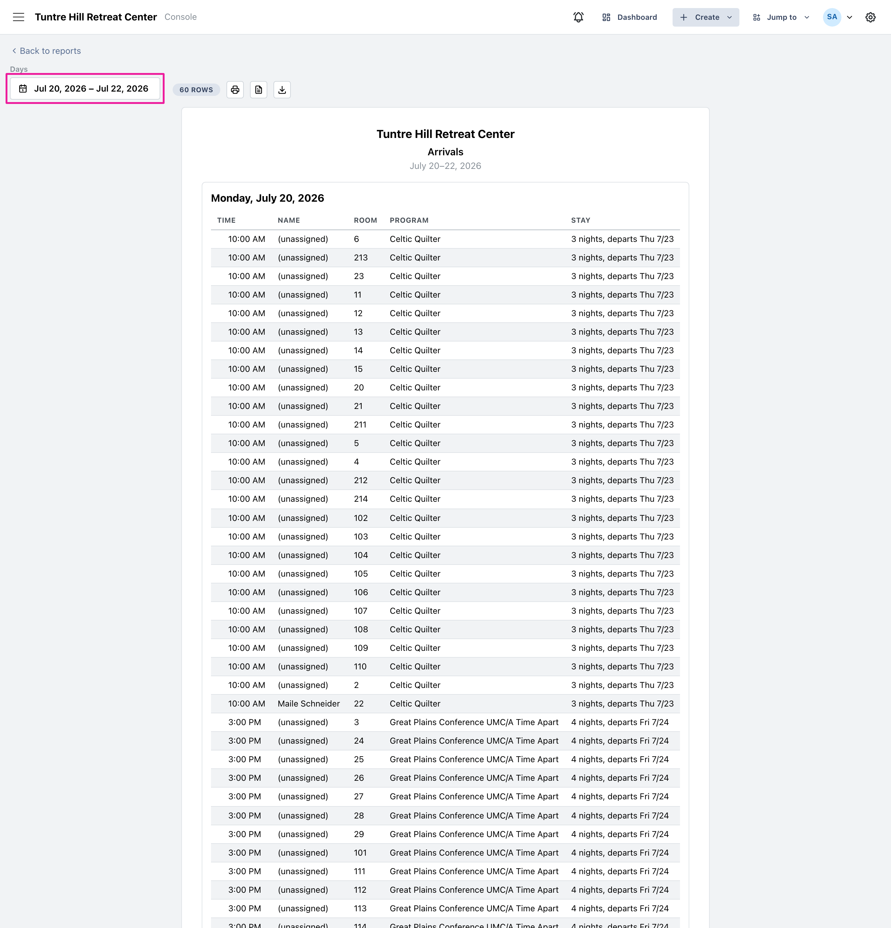Three days of arrivals, one page per day