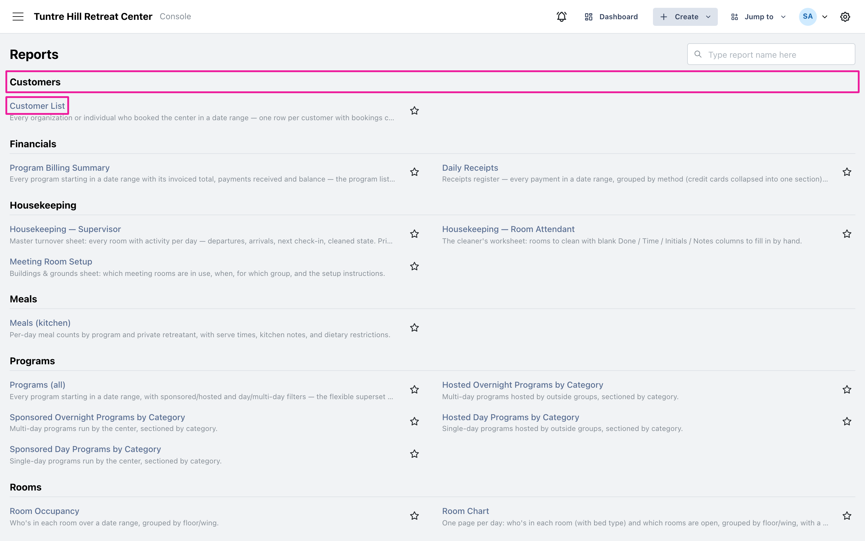 Customer List in the Customers section of the reports catalog