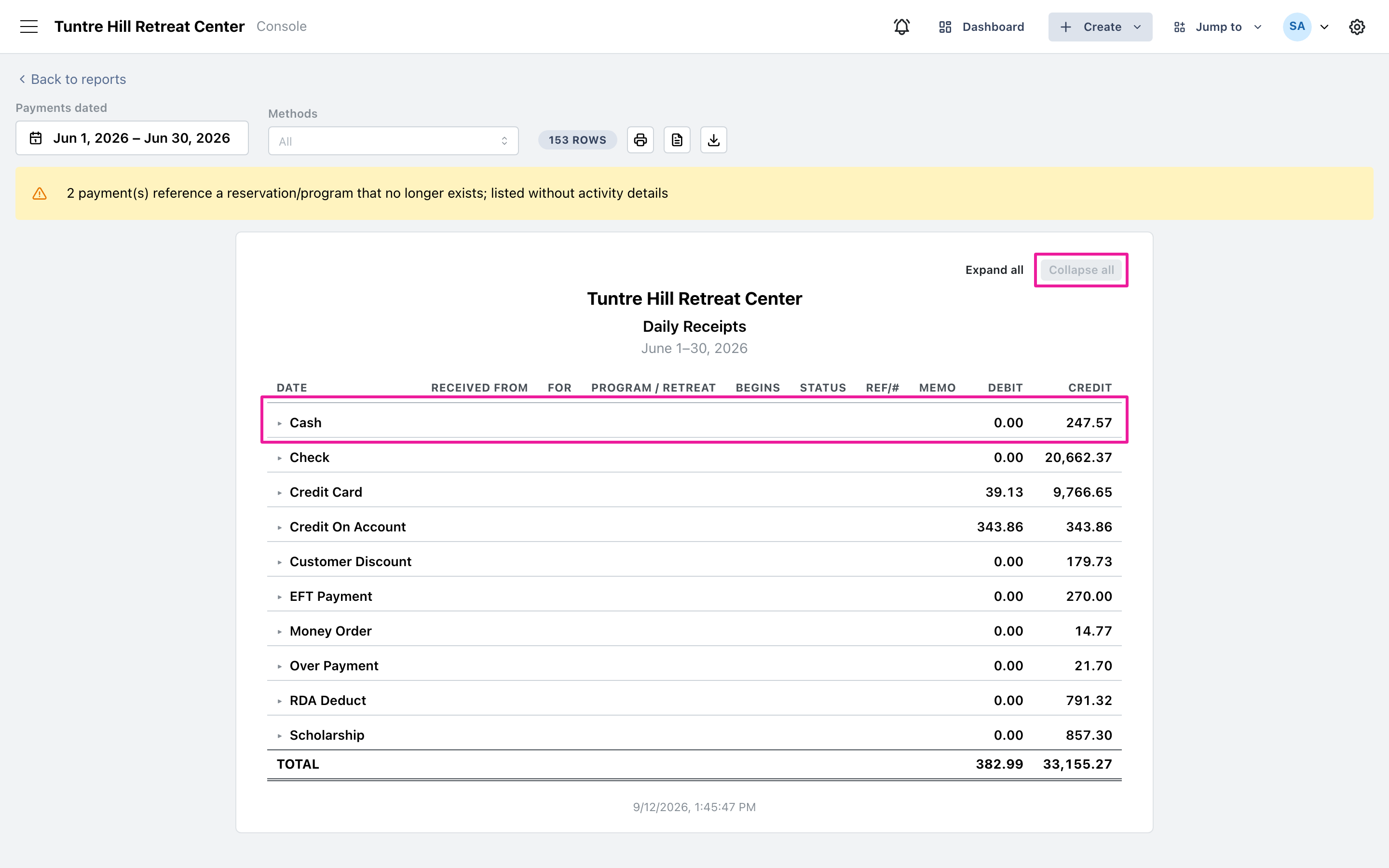 Collapse all turns the register into a one-line-per-method deposit summary