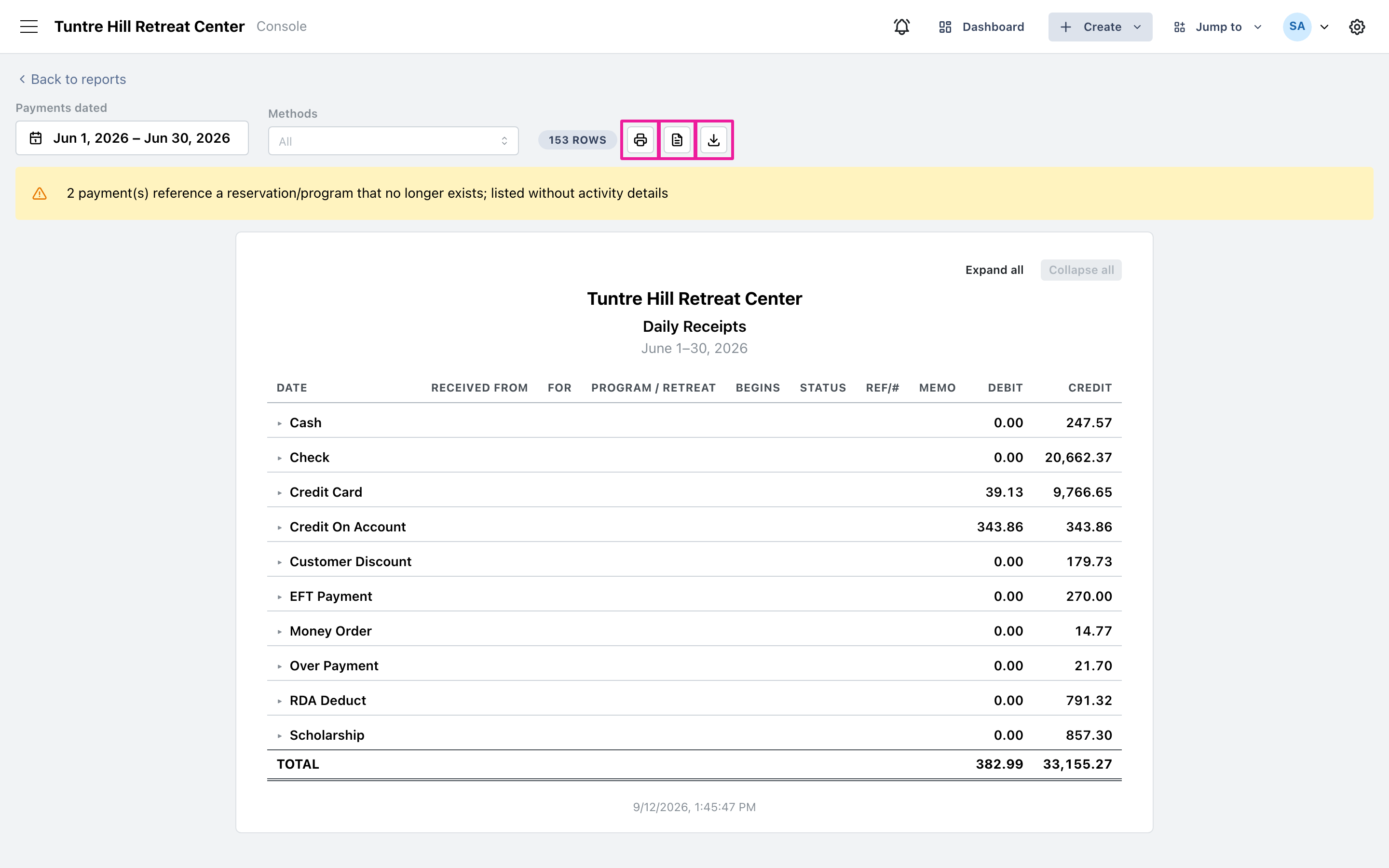 Print, Word, and CSV export buttons