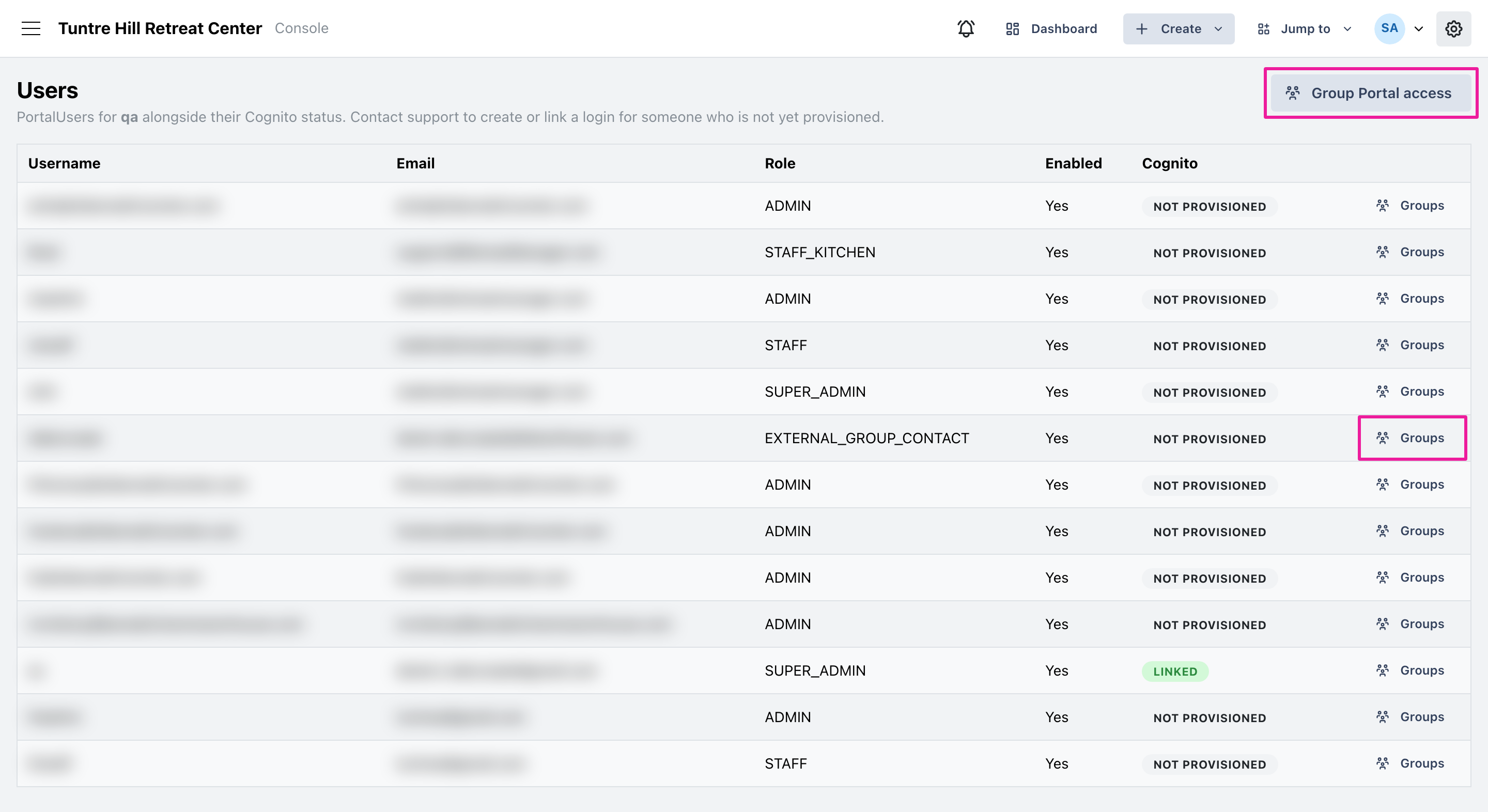 The 'Group Portal access' button, and the 'Groups' link on one person's row