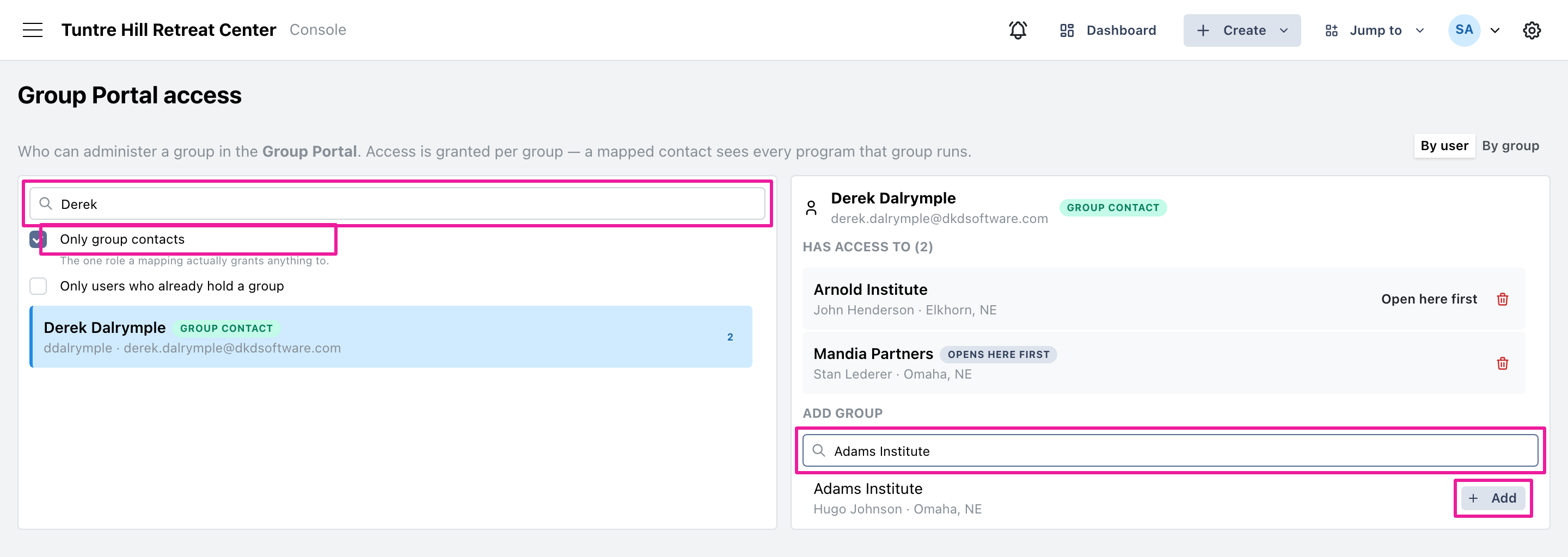 Search for the contact, then find the group and click Add