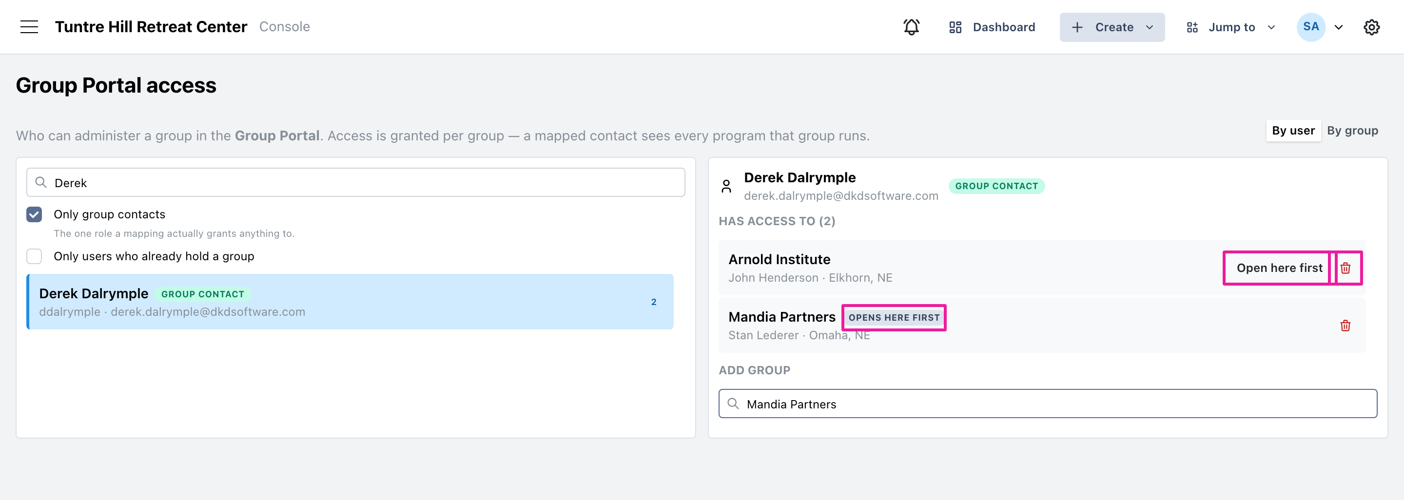 The group marked 'opens here first', and the button that moves it