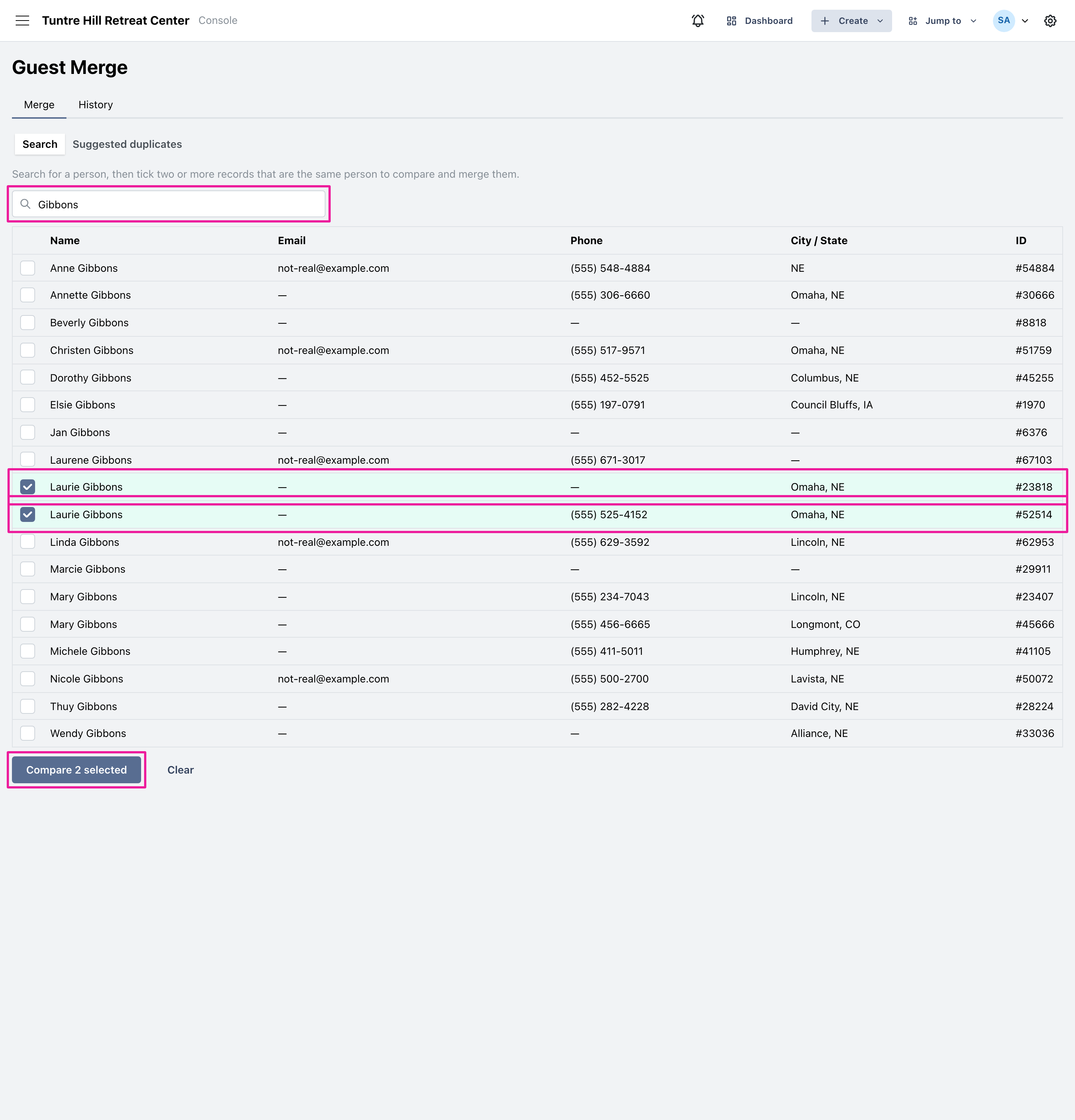 Search for a name and tick the records that are the same person
