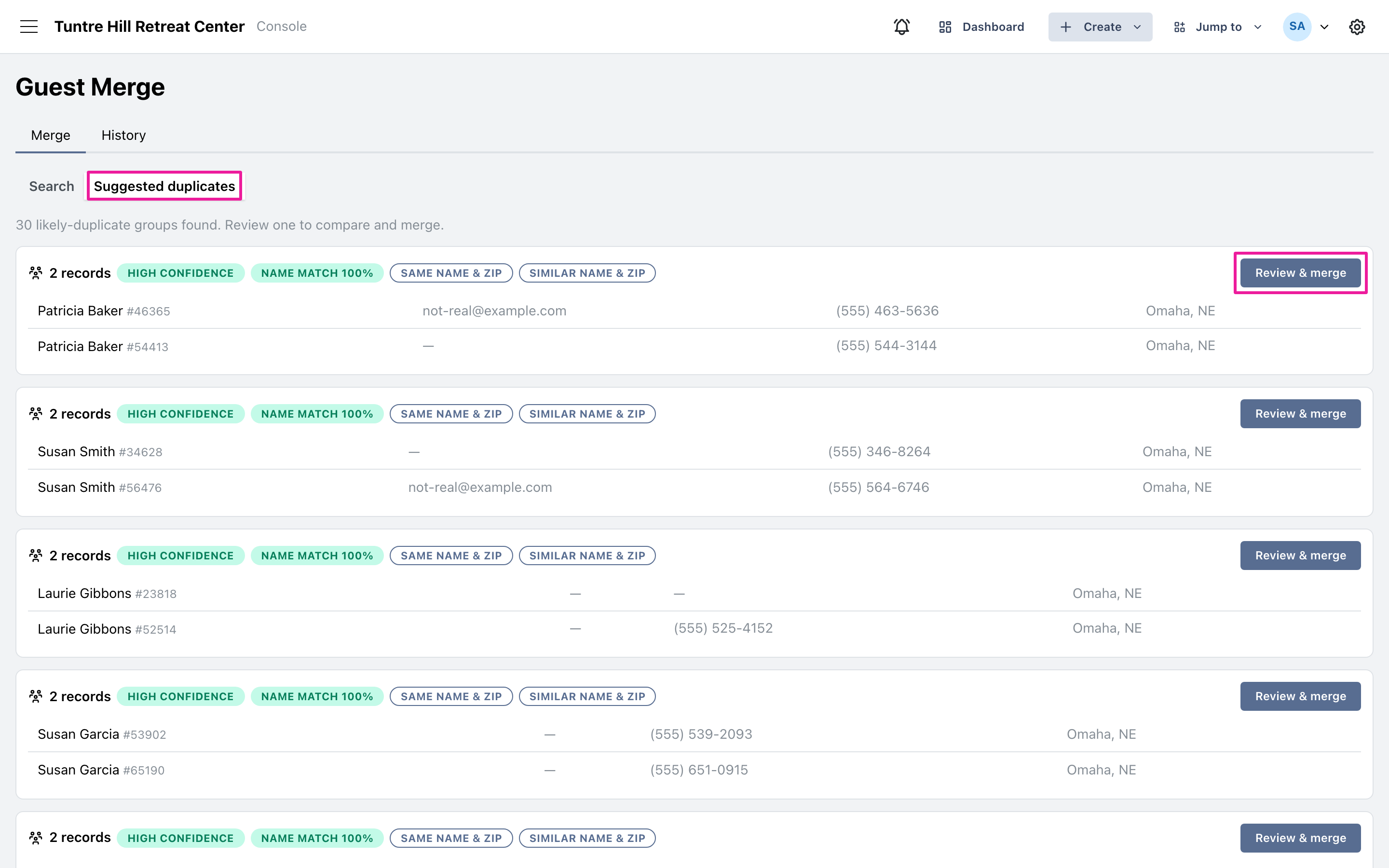 The Suggested duplicates list, with Review & merge on each group