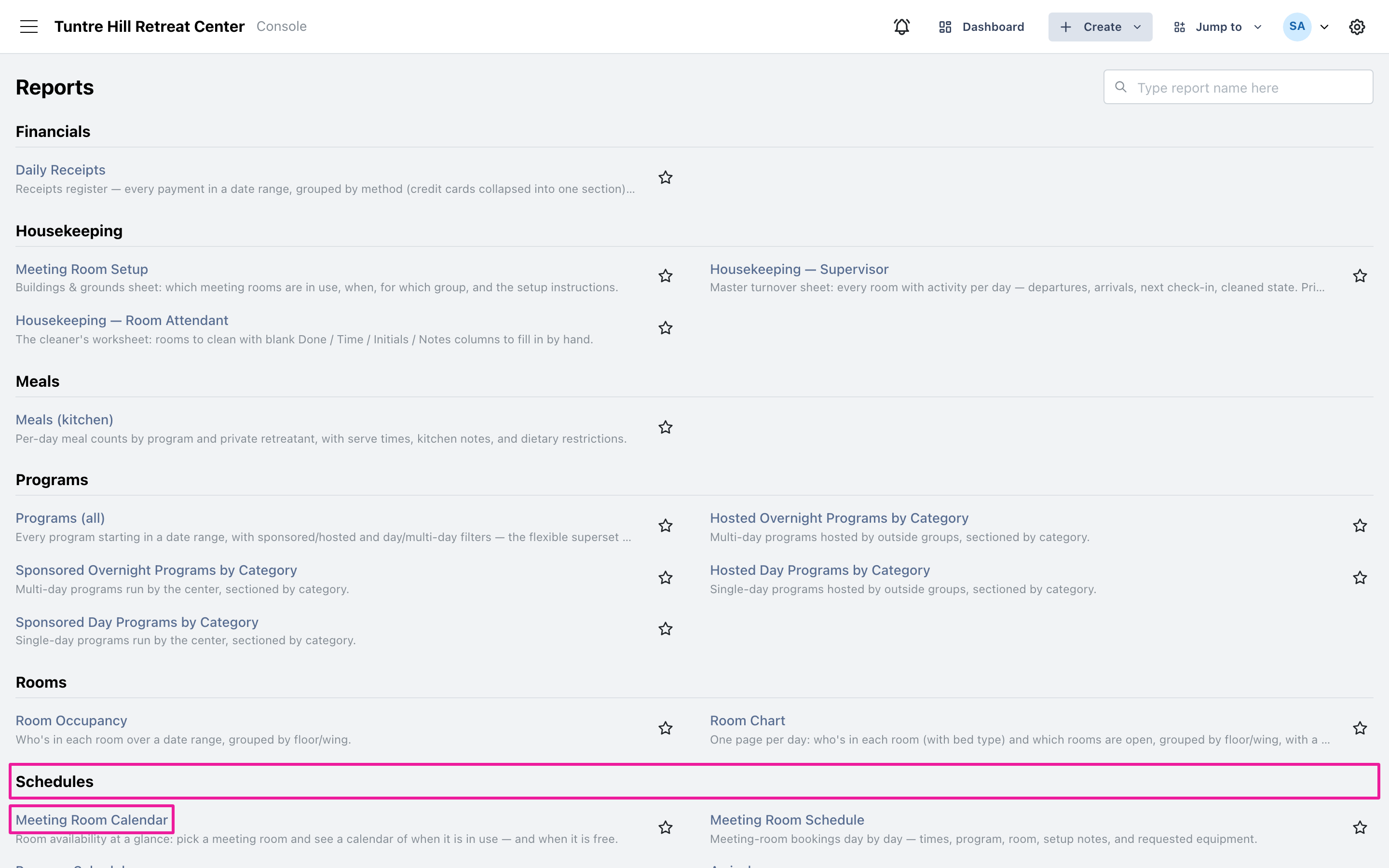 Meeting Room Calendar in the Schedules section of the reports catalog
