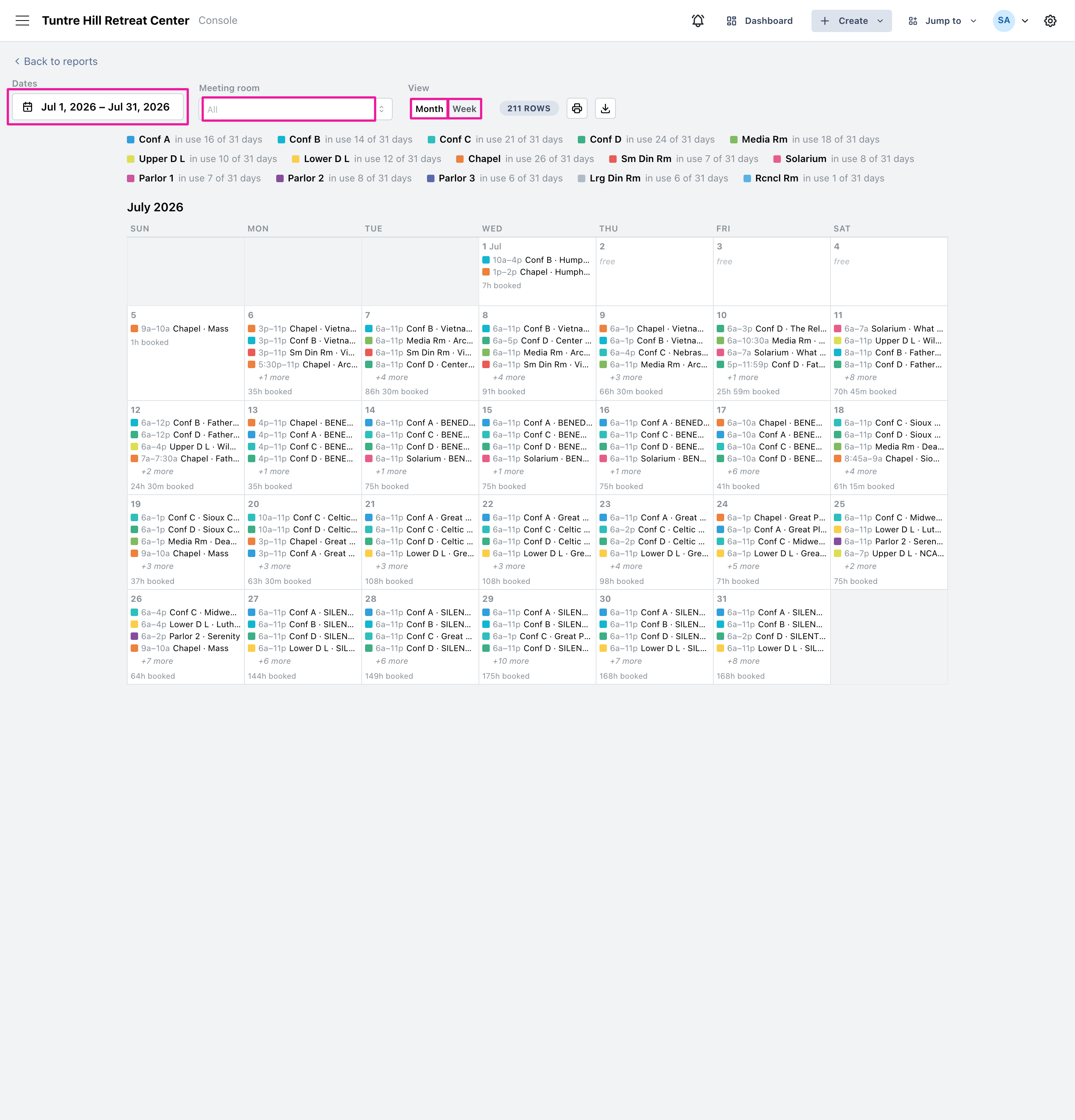 A month of bookings, color-coded by room, with free days visible