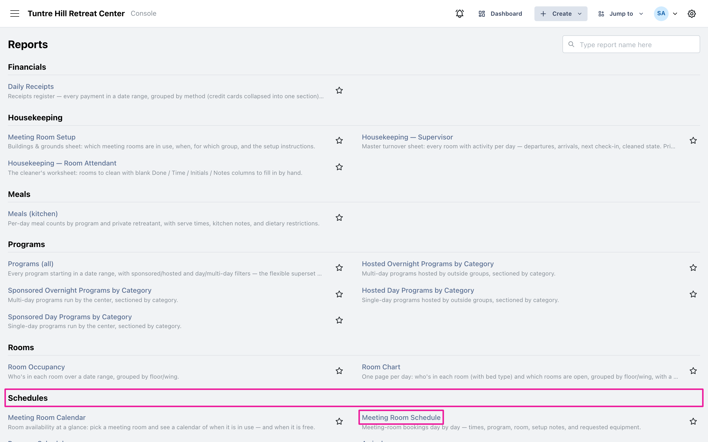 Meeting Room Schedule in the Schedules section of the reports catalog