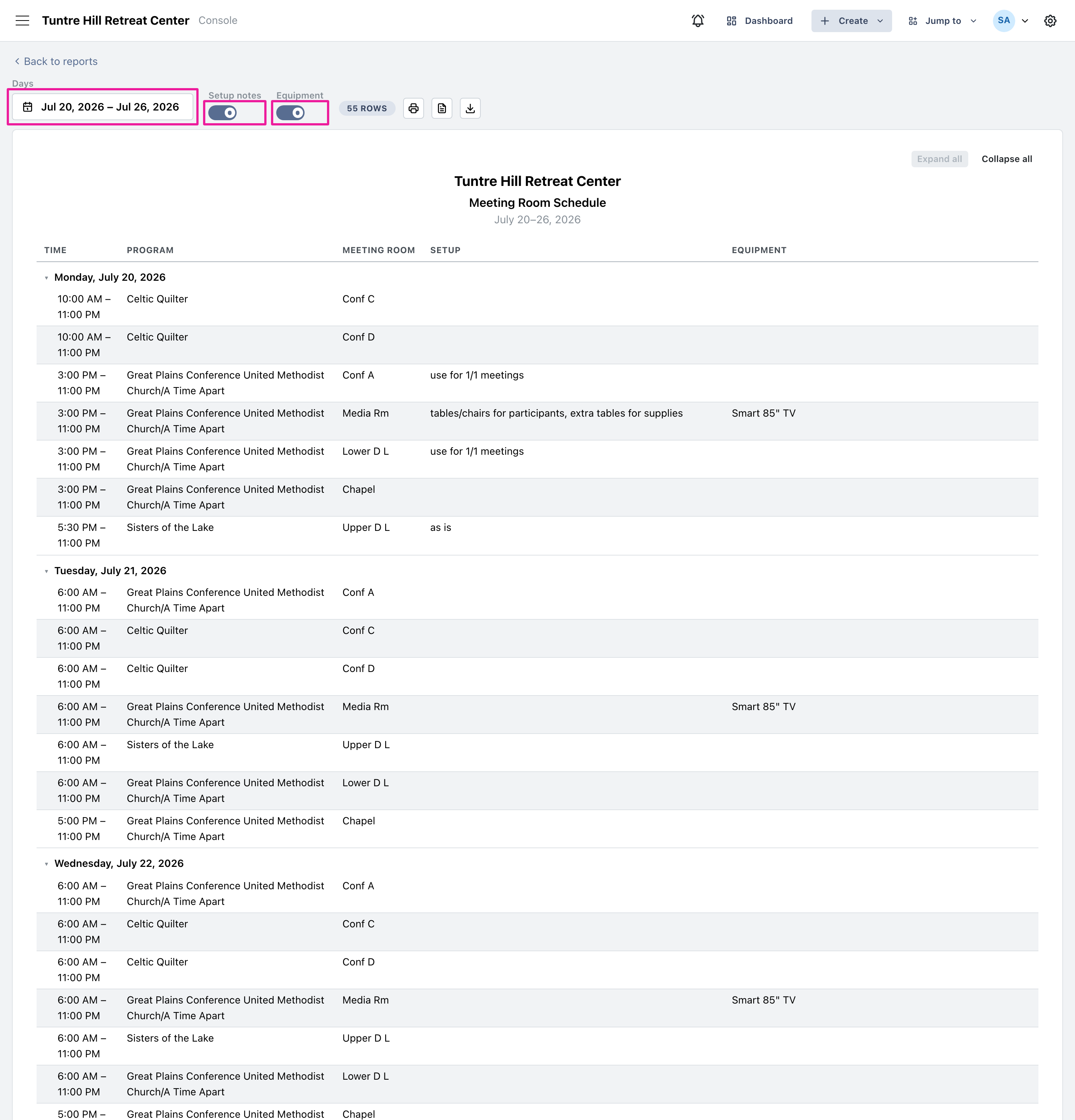 A week of bookings with setup notes and equipment