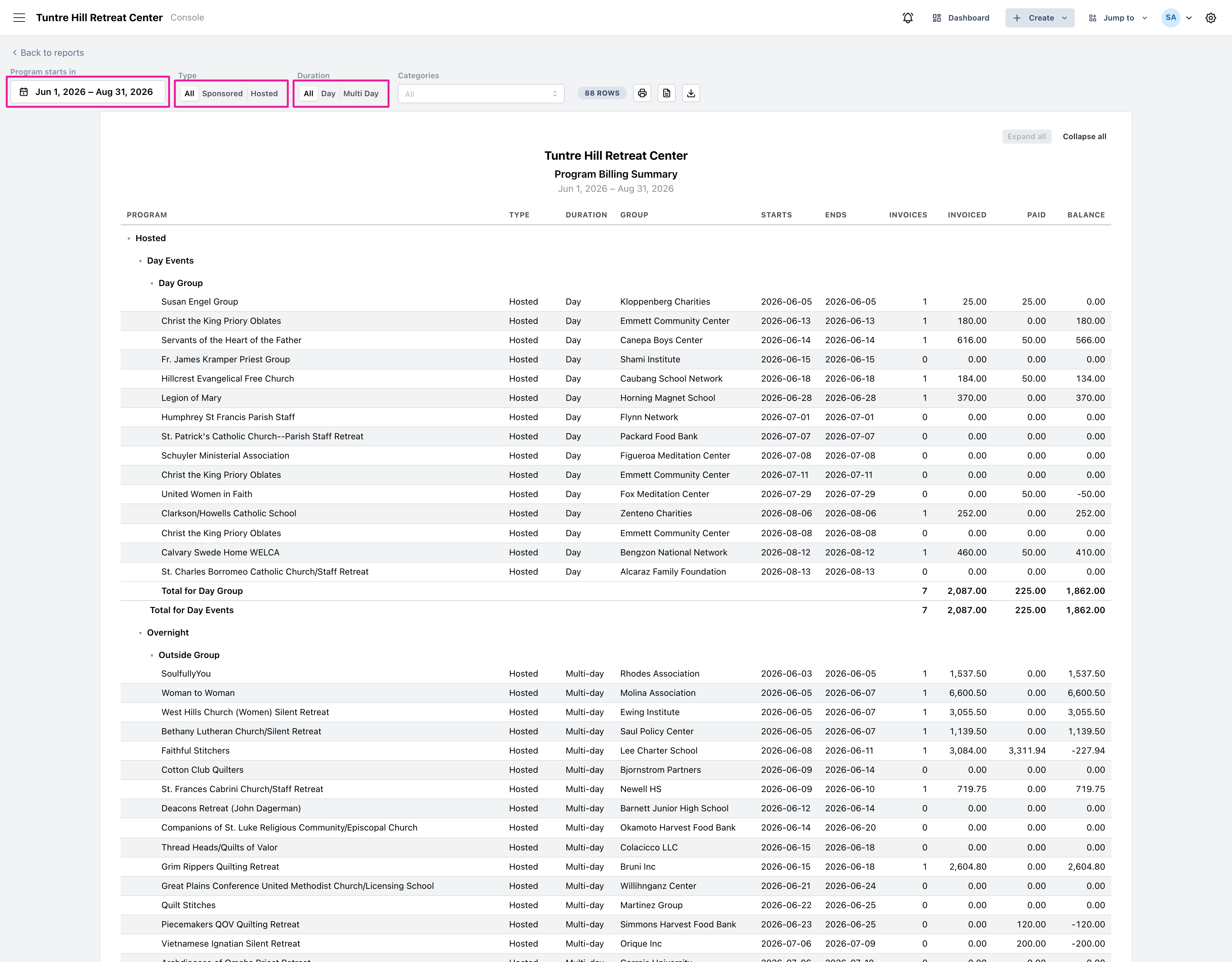 The program list with Invoices, Invoiced, Paid, and Balance