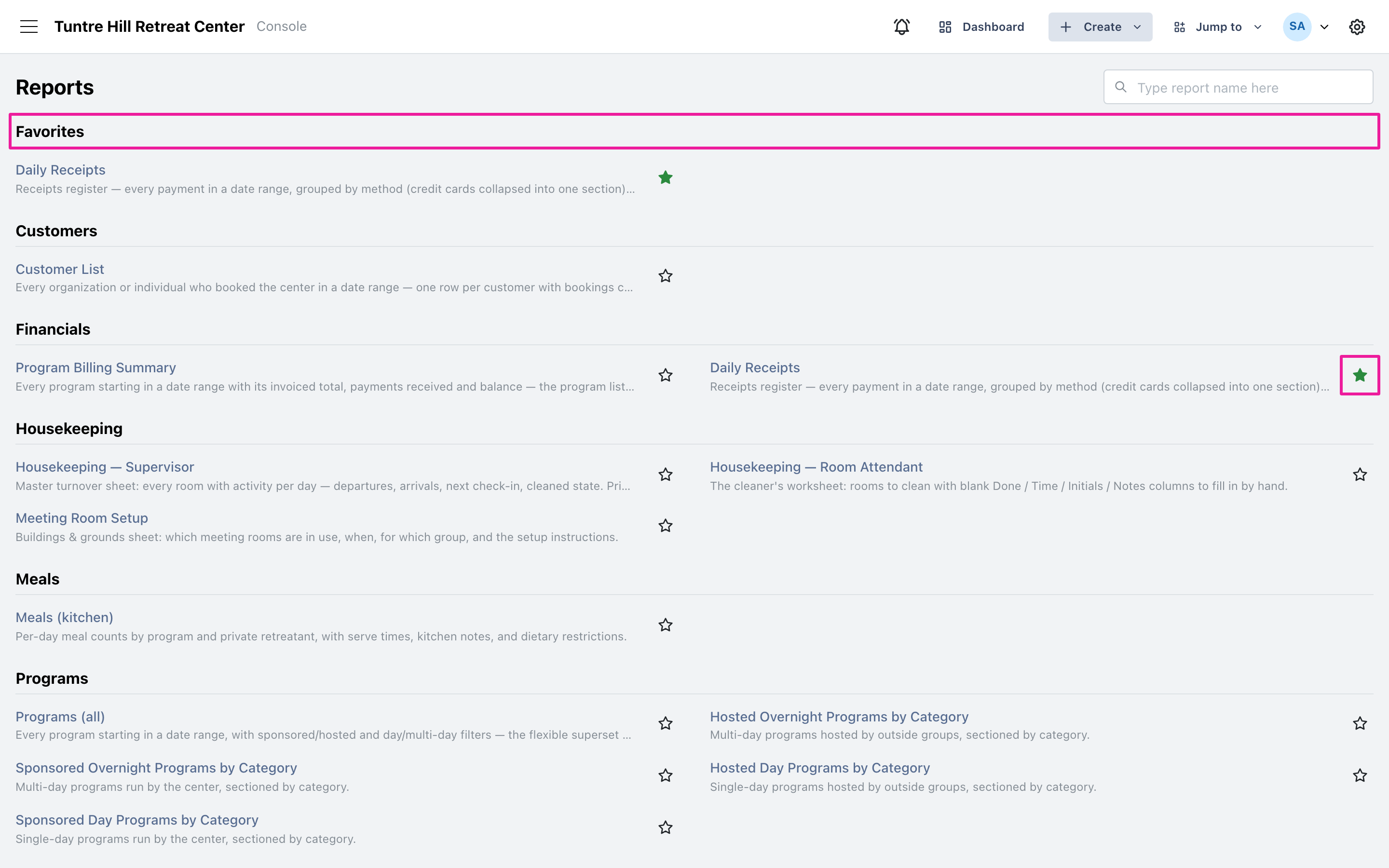 A starred report pins to your Favorites section