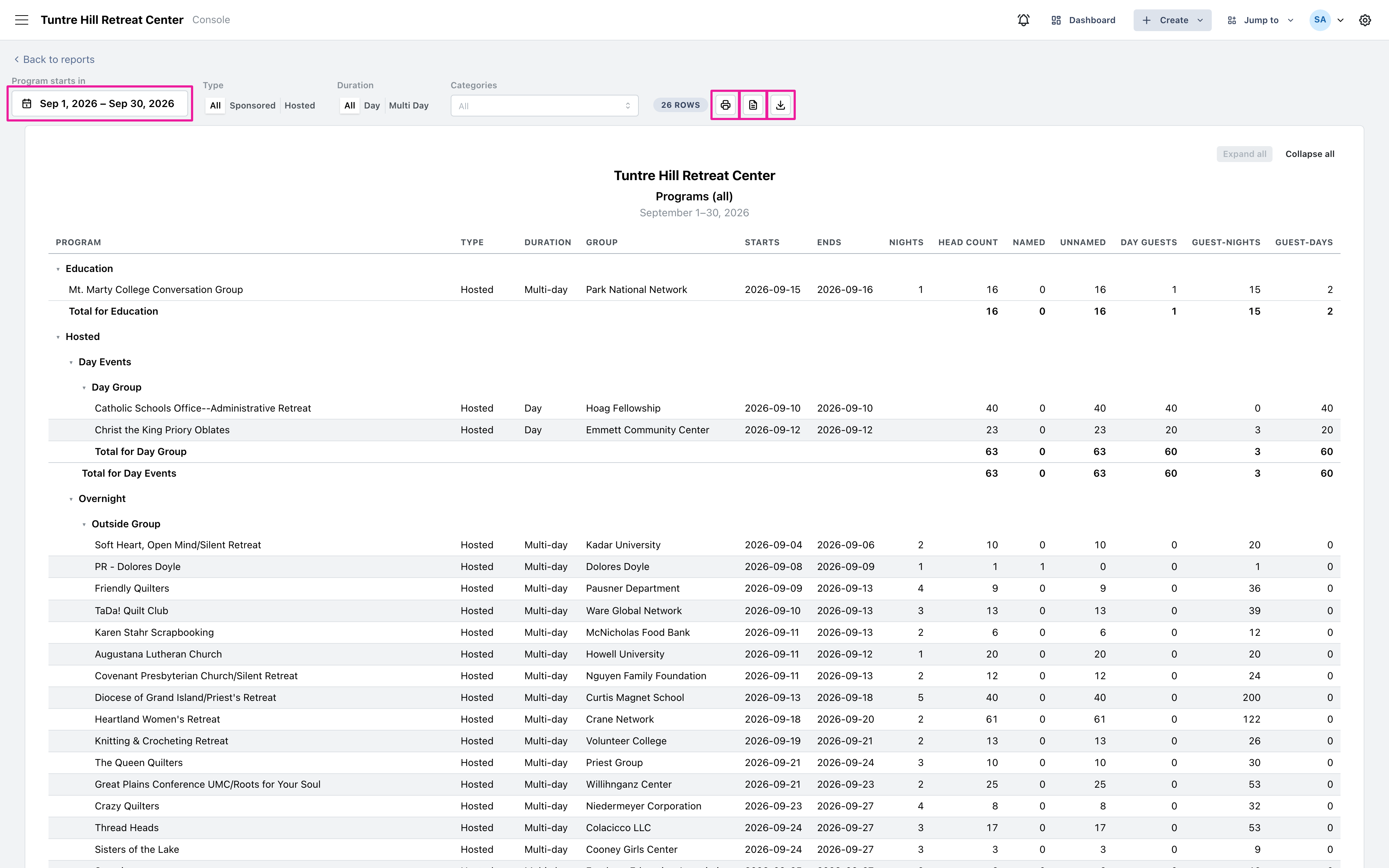 The report page: settings on top, printer and export buttons beside them